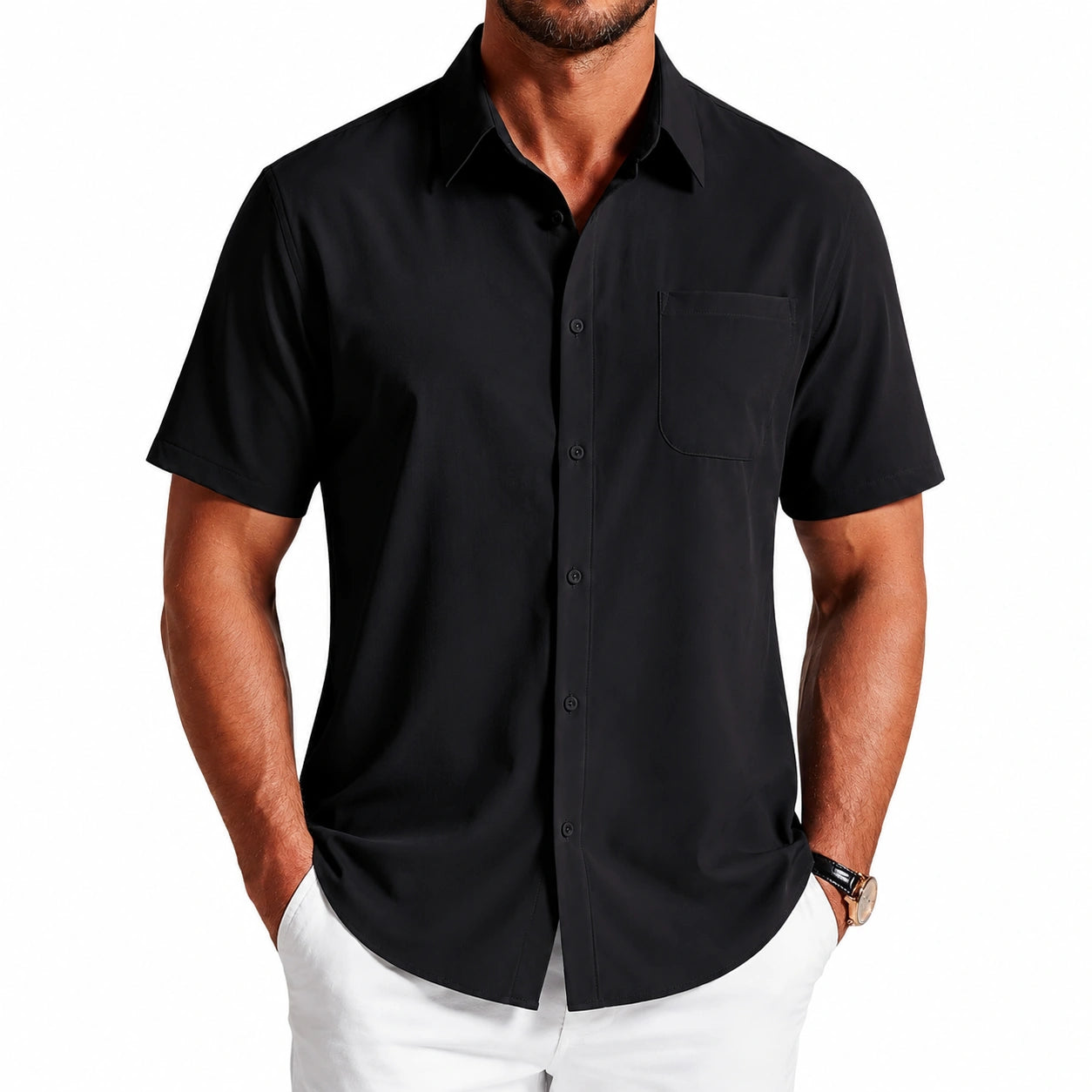 Camicia uomo M nera in tessuto liscio a maniche corte con taschino