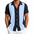 Camicia da uomo M in tessuto blu navy e azzurro a righe verticali - manica corta stile retrò