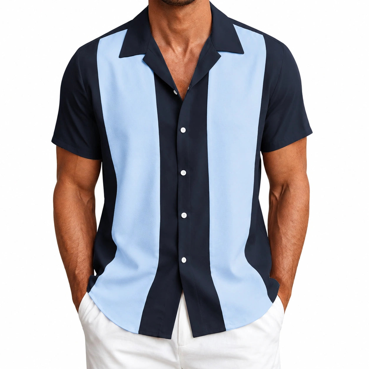 Camicia da uomo M in tessuto blu navy e azzurro a righe verticali - manica corta stile retrò