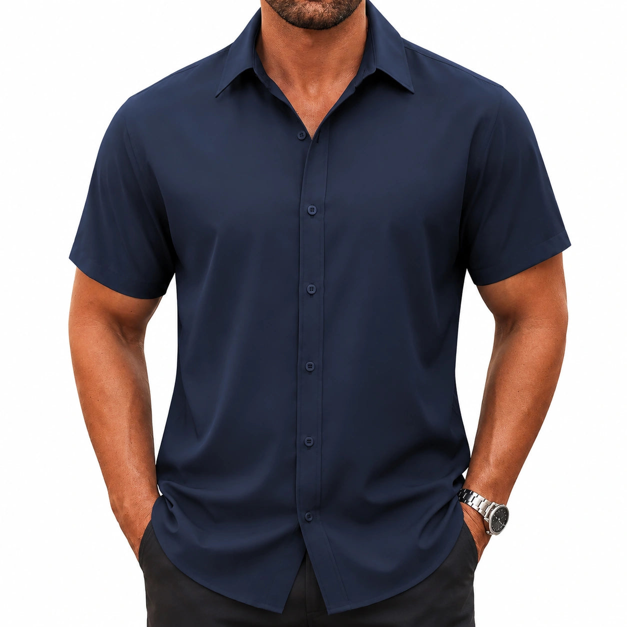 Camicia uomo L in poliestere blu navy a maniche corte per look casual elegante