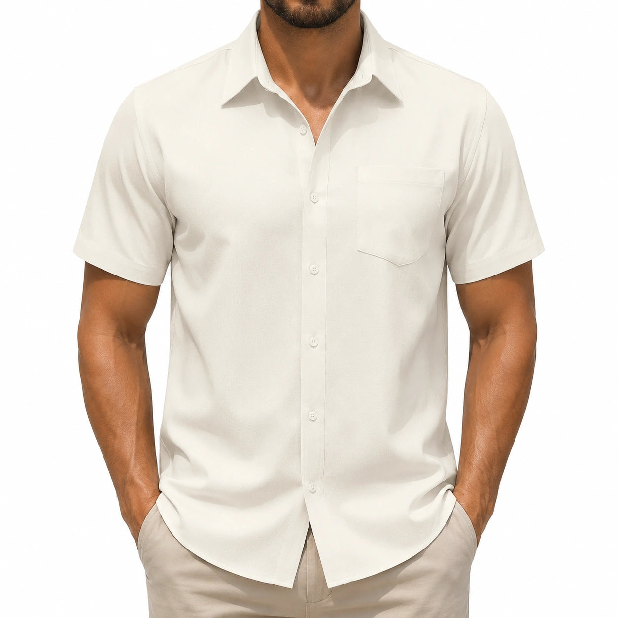 Camicia da uomo taglia L in tessuto bianco a maniche corte - stile casual con taschino