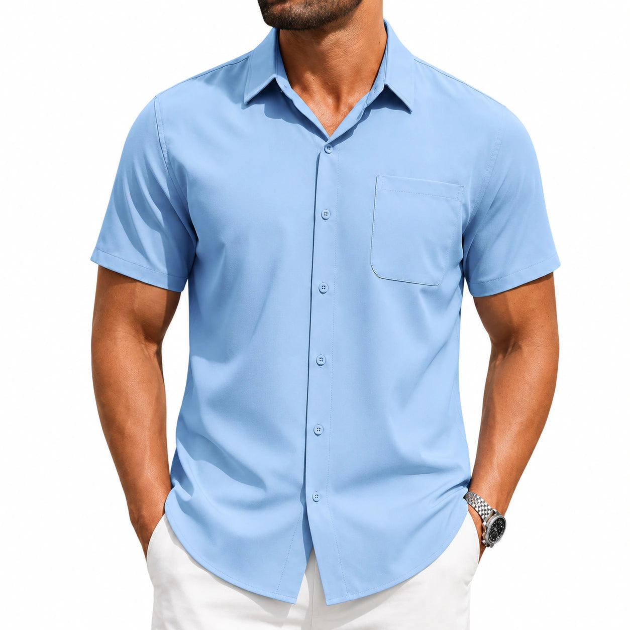 Camicia uomo L in tessuto leggero azzurro a maniche corte con taschino stile casual
