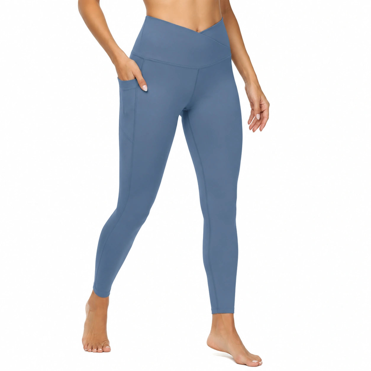 Leggings sportivi donna taglia M blu in tessuto elasticizzato a vita alta con tasca laterale
