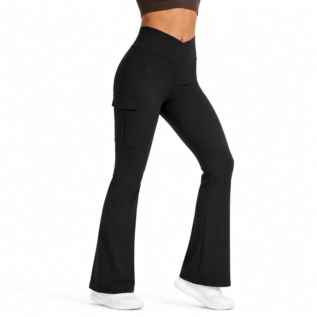 Pantaloni cargo donna taglia S in tessuto elasticizzato nero a vita alta con gamba svasata