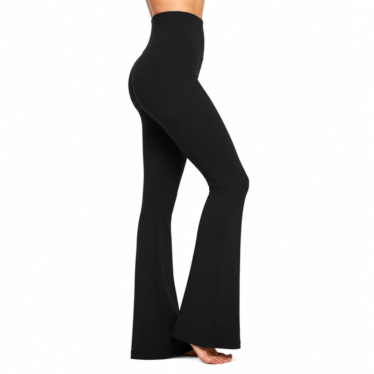 Pantaloni donna taglia S neri in tessuto elasticizzato a vita alta con gamba svasata