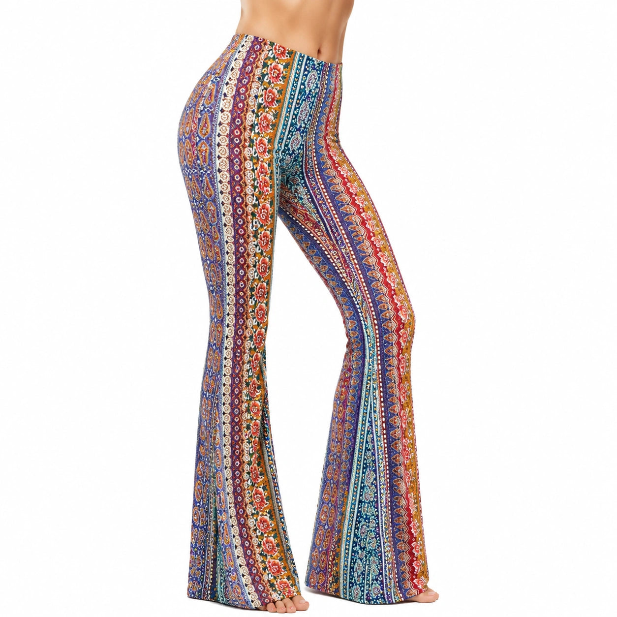 Pantaloni a zampa da donna M in tessuto elasticizzato multicolore a righe stile boho