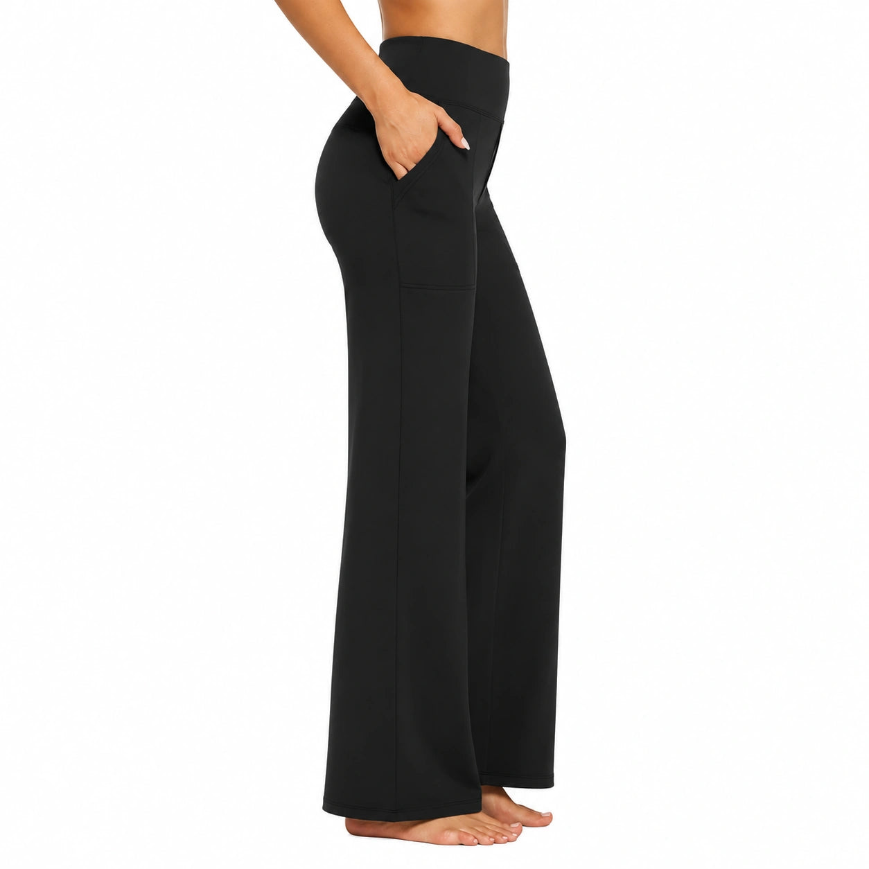 Pantaloni donna taglia S neri in tessuto elasticizzato a vita alta con tasche