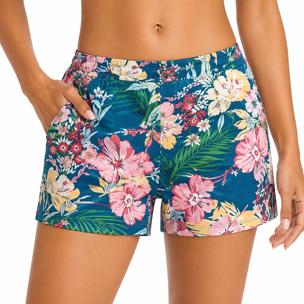 Shorts donna L in tessuto blu floreale con tasche e vita elasticizzata