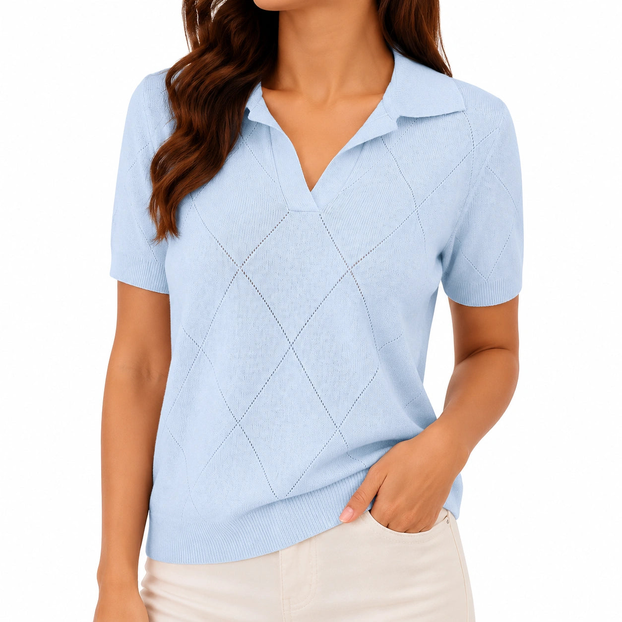 Polo da donna taglia S in maglia azzurro chiaro con motivo rombi a maniche corte