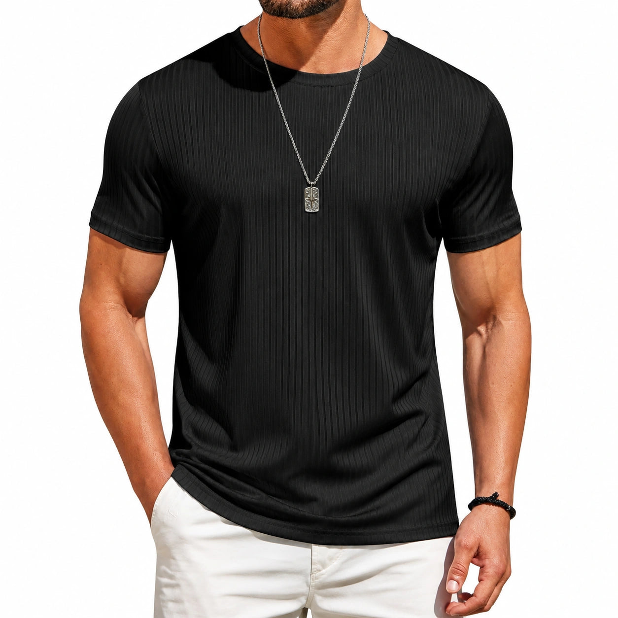 T-shirt uomo taglia M nera in tessuto a coste a manica corta