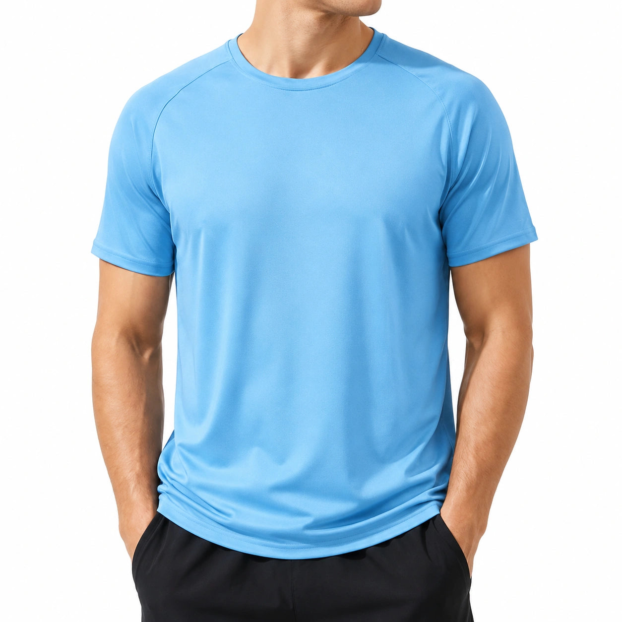 T-shirt sportiva uomo taglia L in tessuto sintetico azzurro a manica corta