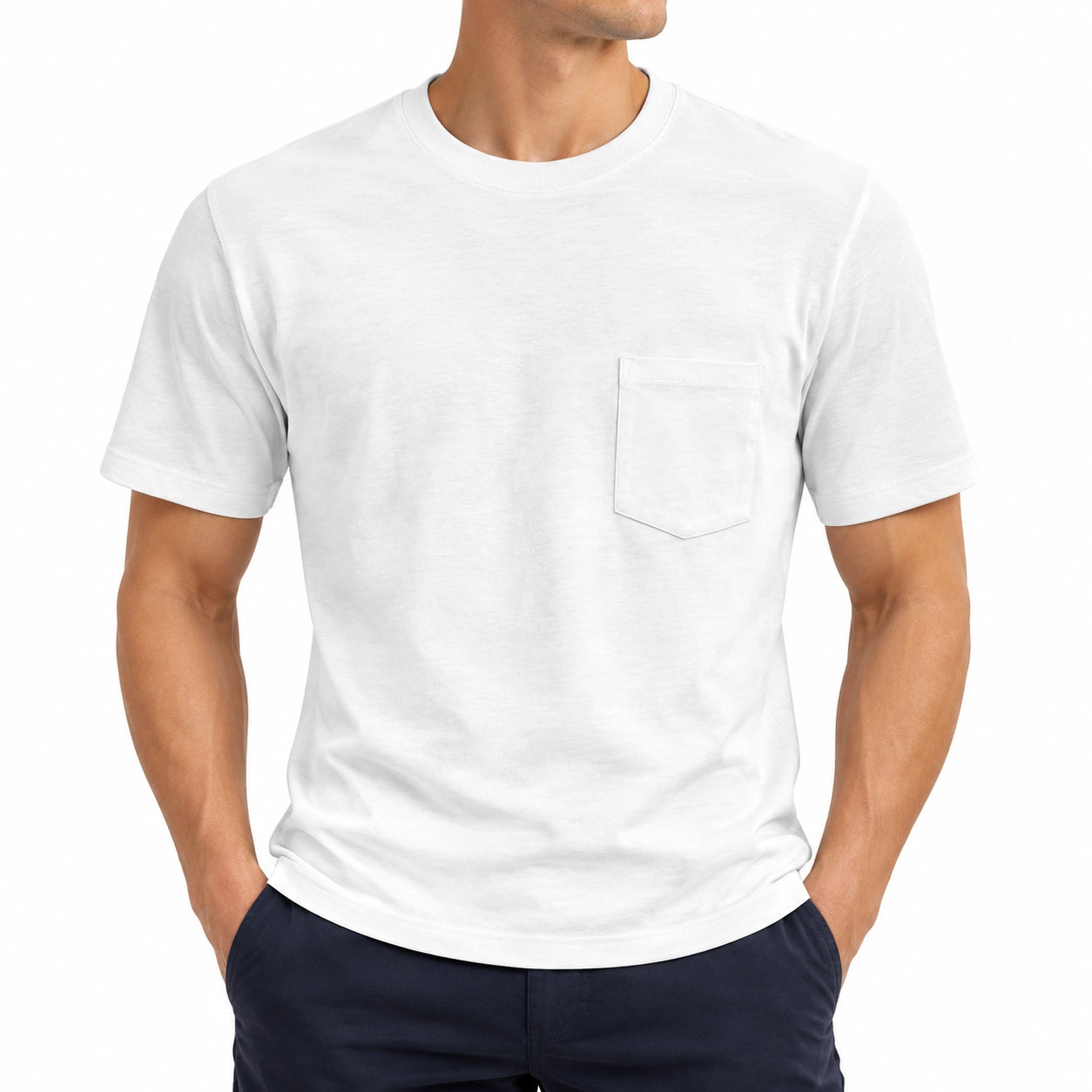 T-shirt uomo M in cotone bianco con taschino - girocollo a manica corta